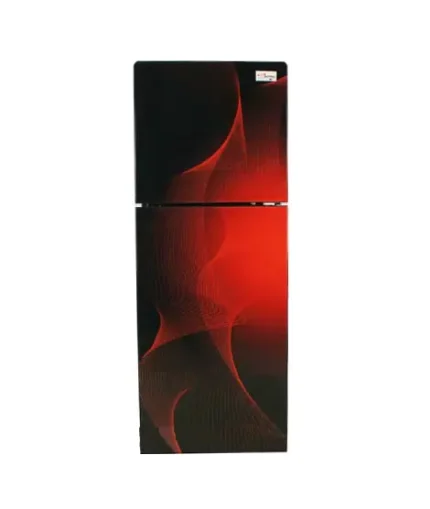 Sleek stainless steel GNE Refrigerator with French doors and a built-in water dispenser.